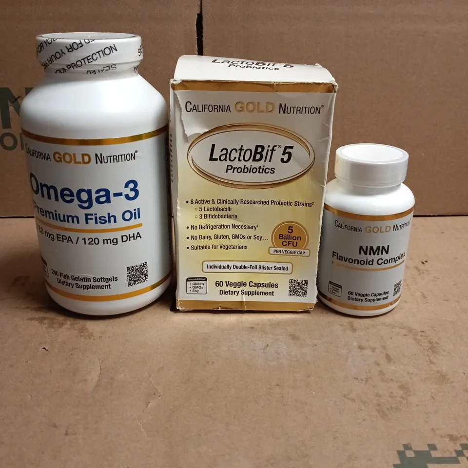 3 X CALIFORNIA GOLD NUTRITION ITEMS: NMN FLAVONOID COMPLEX, LACTOBIF 5 PROBIOTICS, OMEGA 3 
