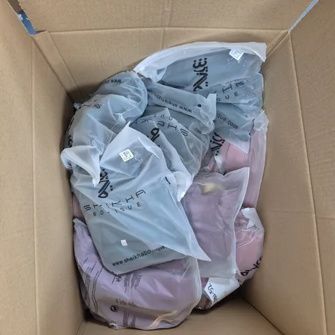 LARGE BOX OF ASSORTED CLOTHING ITEMS IN VARIOUS COLOURS, STYLES AND SIZES