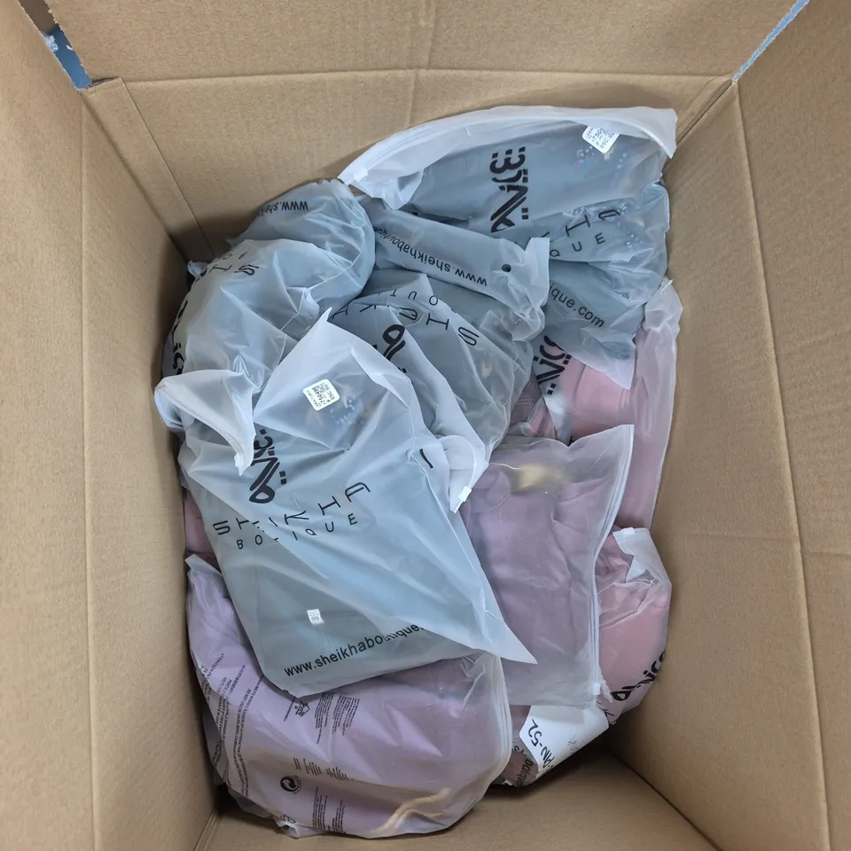 LARGE BOX OF ASSORTED CLOTHING ITEMS IN VARIOUS COLOURS, STYLES AND SIZES