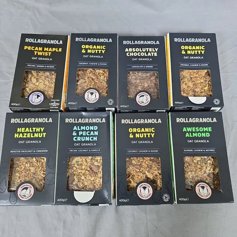 LOT OF 8 400G BOXES OF ROLLAGRANOLA OAT GRANOLA - VARIOUS FLAVOURS