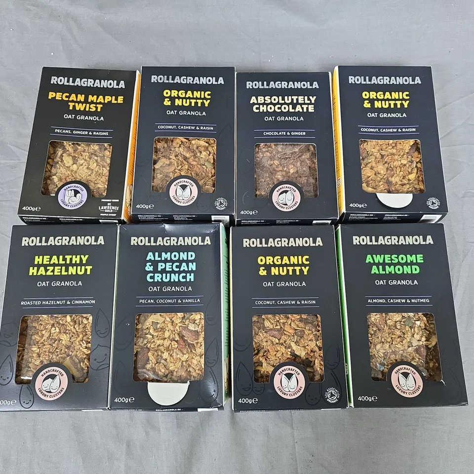 LOT OF 8 400G BOXES OF ROLLAGRANOLA OAT GRANOLA - VARIOUS FLAVOURS