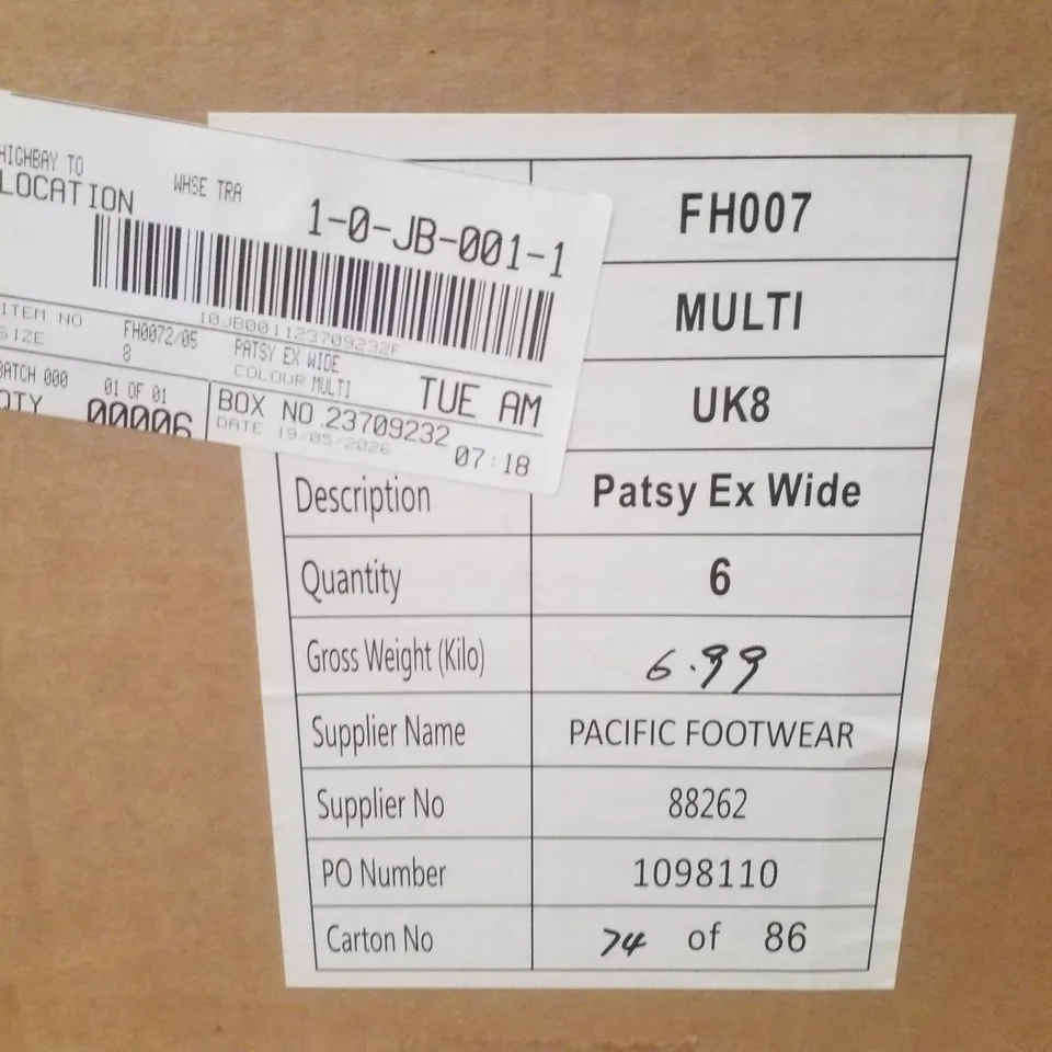 BOX CONTAINING APPROXIMATELY 6 BRAND NEW PAIRS OF SIMPLY BE MULTI PLATFORM HEEL EX WIDE - SIZE 8