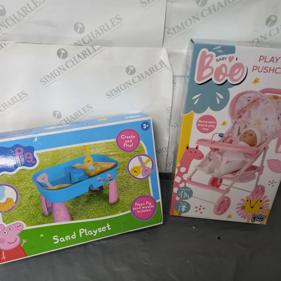 KIDS TOY BUNDLE TO INCLUDE A PEPPA PIG SAND PLAY SET AND A BABY BOO PLAYTIME PUSHCHAIR