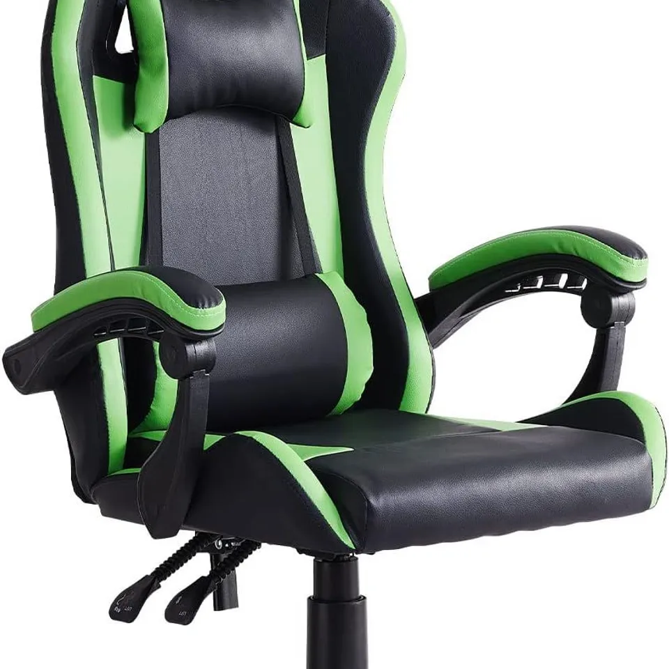 BOXED BLACK AND GREEN GAMING CHAIR COMPUTER CHAIR ERGONOMIC RACING STYLE ADJUSTABLE OFFICE DESK CHAIR WITH LUMBAR SUPPORT AND HEAD PILLOW RECLINING GAMER CHAIR FOR ADULT AND KIDS