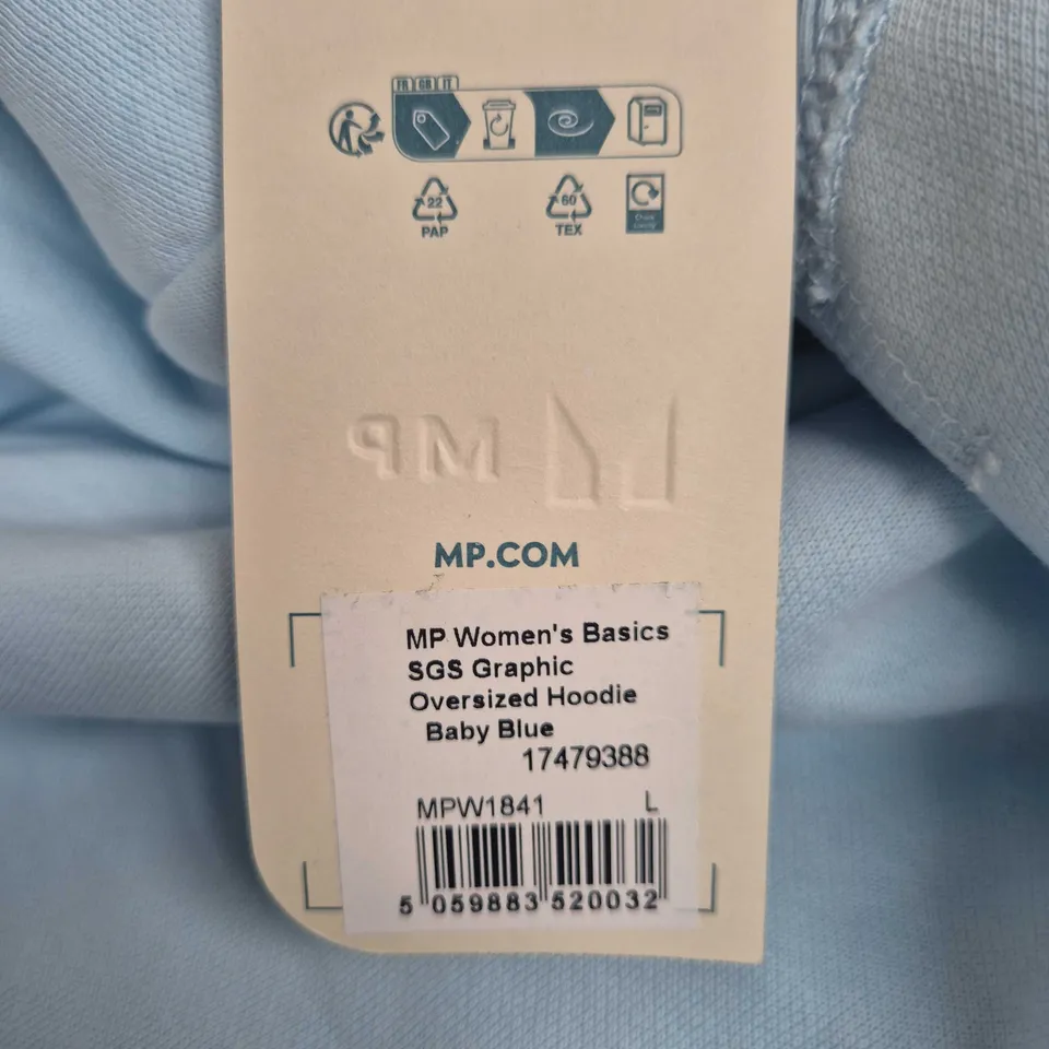 MP WOMEN'S BASICS SGS GRAPHIC OVERSIZED HOODIE - BABY BLUE - UK SIZE L
