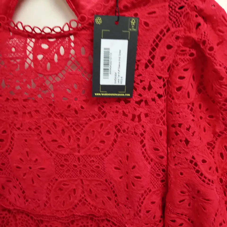 WAREHOUSE LACE TIER PUFF SLEEVE MIDI DRESS IN RED - 6