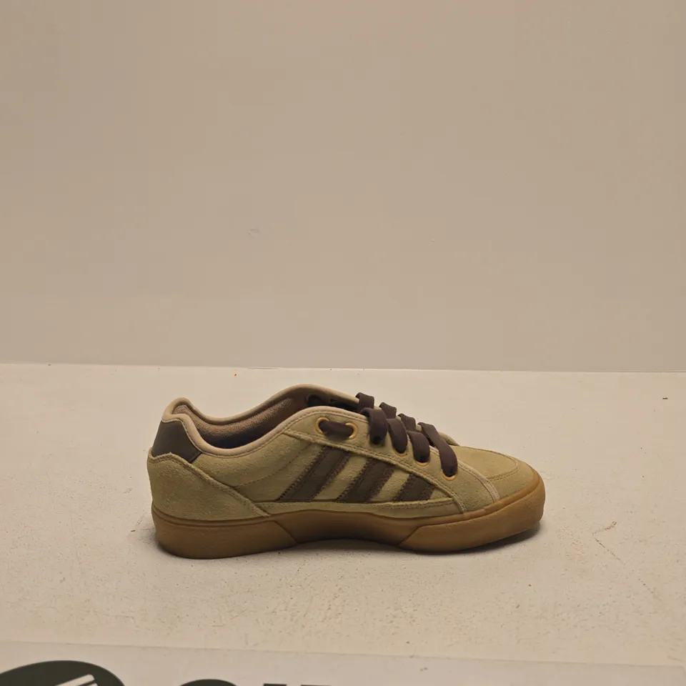 ADIDAS BEIGE SUEDE SNEAKER WITH DARK BROWN STRIPES – GUM SOLE UK SIZE 8.5