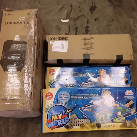 PALLET OF ASSORTED PRODUCTS INCLUDING TRAMPOLINE, HOMIDEC DRYING RACK, OFFICE CHAIR, KIDS WORLD MAP I-POSTER