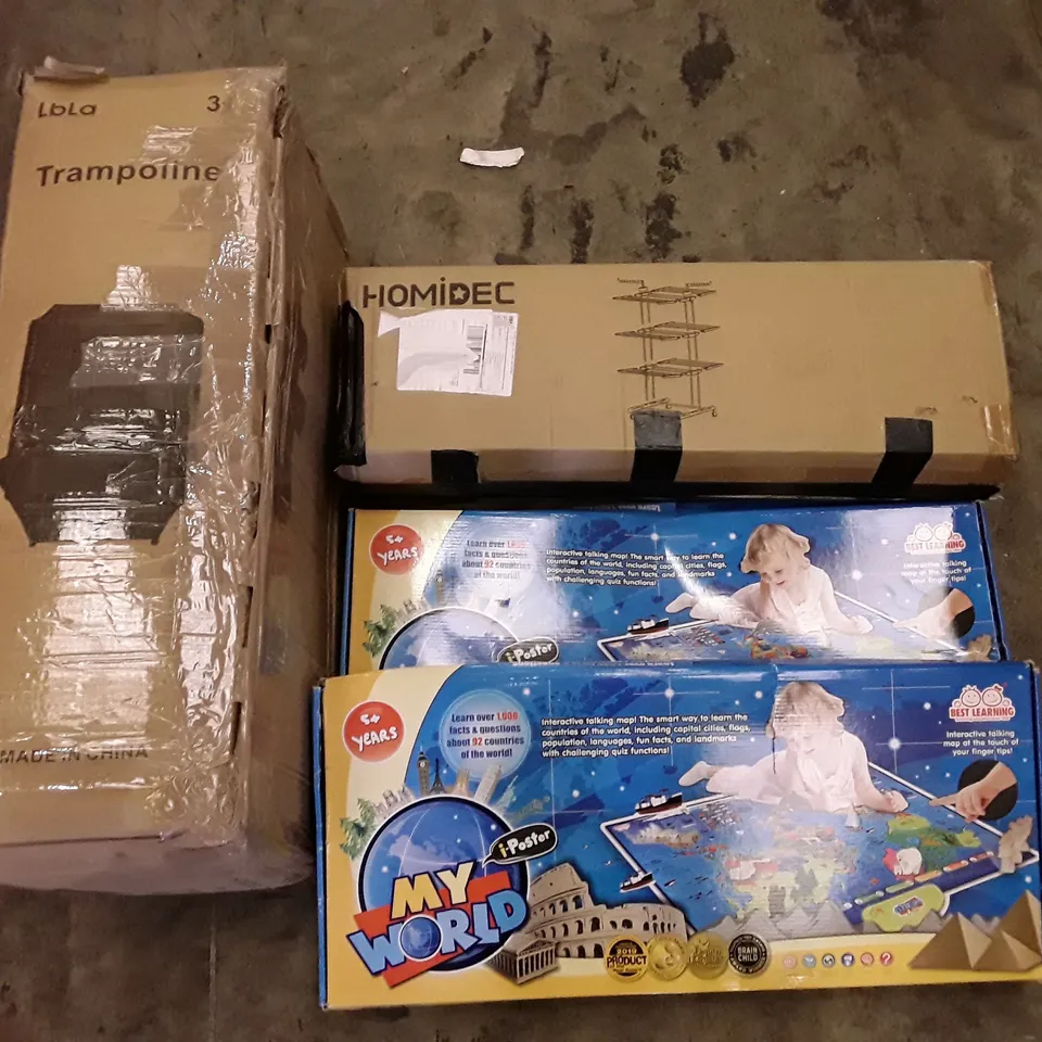 PALLET OF ASSORTED PRODUCTS INCLUDING TRAMPOLINE, HOMIDEC DRYING RACK, OFFICE CHAIR, KIDS WORLD MAP I-POSTER