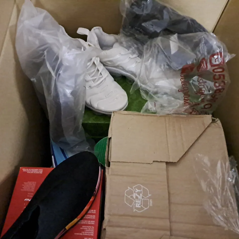 BOX OF APPROXIMATELY 5 PAIRS OF ASSORTED SHOES IN VARIOUS COLOUR, STYLES AND SIZES