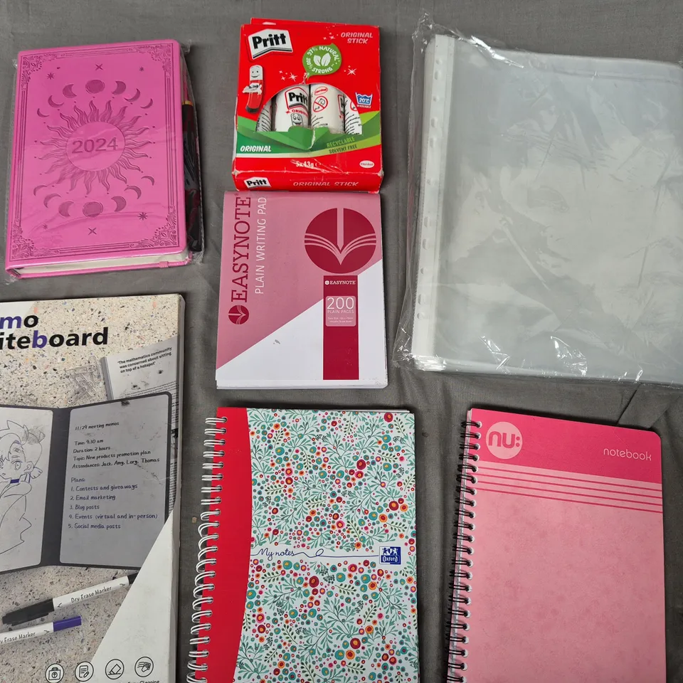 APPROX 10 ASSORTED HOUSEHOLD ITEMS TO INCLUDE NOTEPADS, PRITT GLUE STICKS, CLEAR WALLETS, ETC 