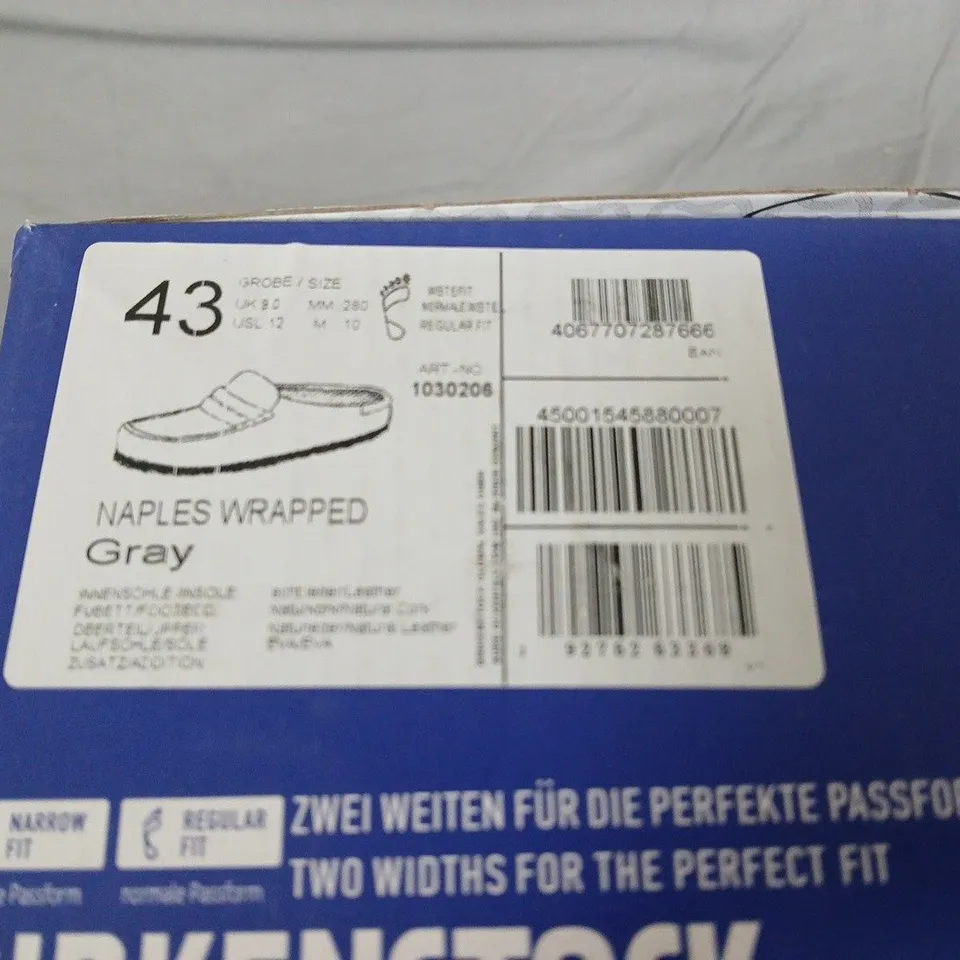 BOXED BIRKENSTOCK NAPLES WRAPPED GRAY SLIP-ON SHOES – EU 43 (UK 9)