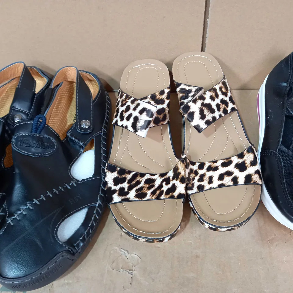 BOX OF APPROXIMATELY 20 ASSORTED PAIRS OF FOOTWEAR ITEMS TO INCLUDE FASHION SANDALS IN BLACK EU SIZE 44, DESIGNER LEOPARD PRINT SANDALS SIZE UNSPECIFIED, FASHION SHOES IN BLACK/PINK EU SIZE 35, ETC