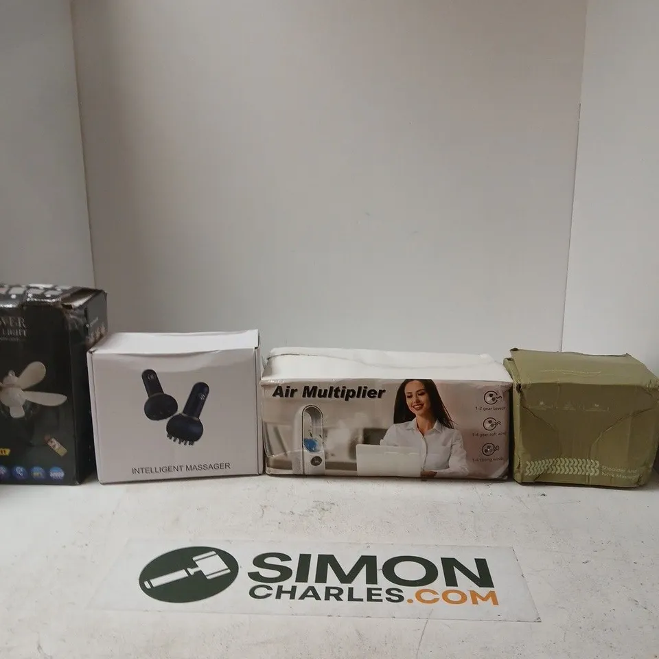 BOX F APPROXIMATELY 10 ASSORTED ITEMS INCLUDING A FLOWER FAN LIGHT, AN INTELLIGENT MASSAGER AND AN AIR MULTIPLIER