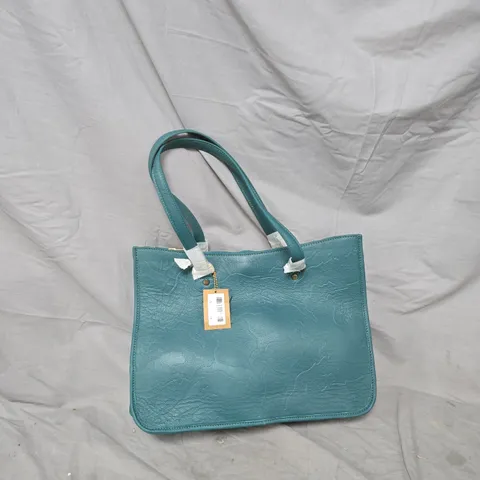TEAL FAUX-LEATHER HANDBAG WITH TWO TOP HANDLES AND DETACHABLE SHOULDER STRAP
