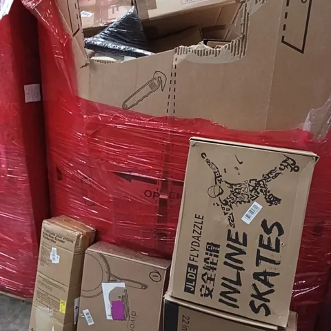 PALLET OF ASSORTED HOUSEHOLD GOODS AND PRODUCTS TO INCLUDE;INLINE SKATES,KIDS SCOOTER,22 INCH SCREEN 