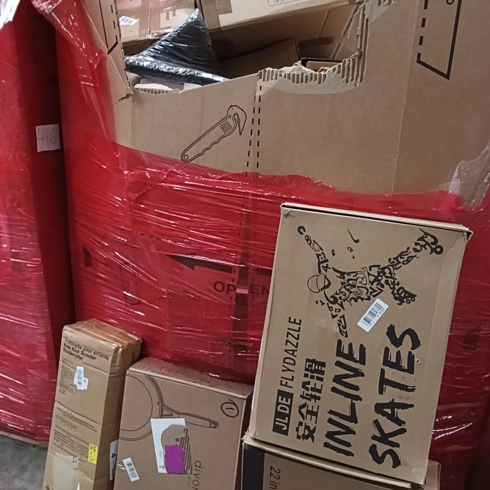 PALLET OF ASSORTED HOUSEHOLD GOODS AND PRODUCTS TO INCLUDE;INLINE SKATES,KIDS SCOOTER,22 INCH SCREEN 
