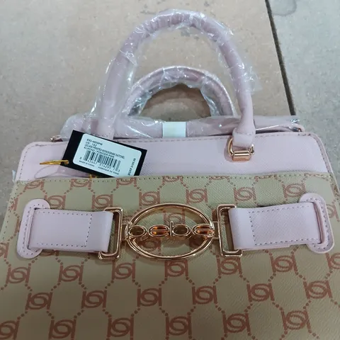 BEBE MONOGRAM SATCHEL HANDBAG – ALMOND/POWDER PINK