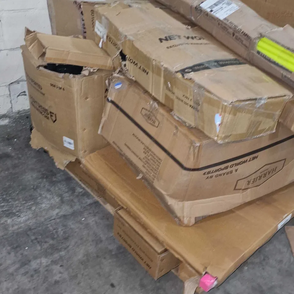 PALLET OF ASSORTED SPORTING GOODS AND GARDEN PARTS AND ACCESSORIES