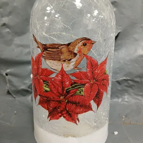 DECORATIVE GLASS LIGHT-UP FESTIVE ORNAMENT - FLORAL ROBIN