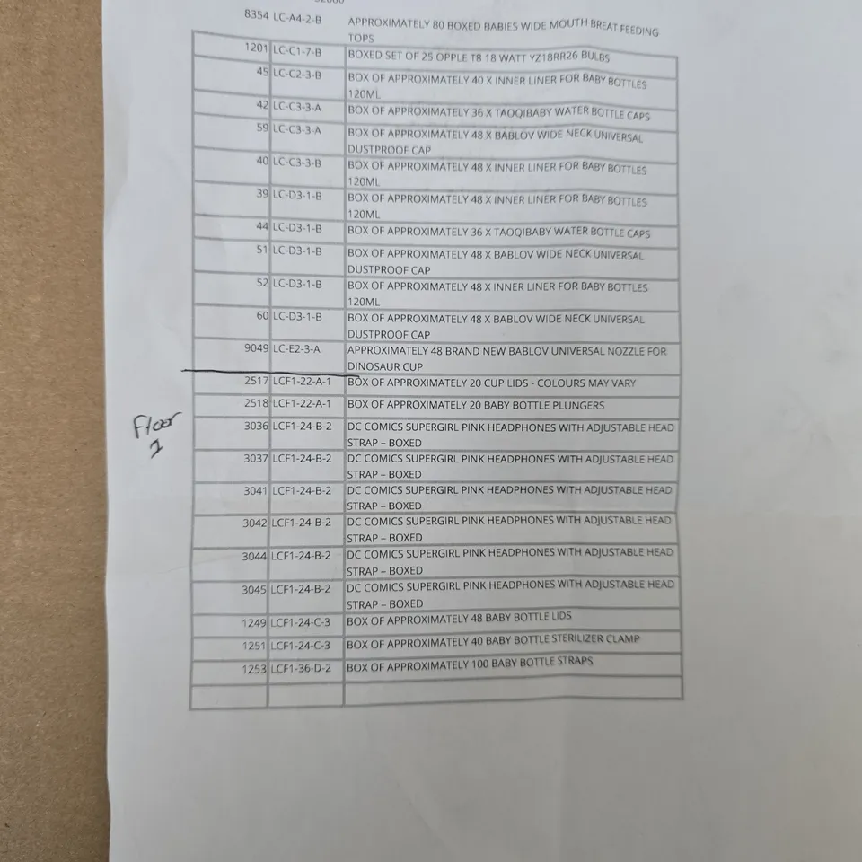 CAGE OF ASSORTED STOCK TO INCLUDE BOXED SET OF 25 BULBS - BOX OF APPROX 40 INNER LINER BABY BOTTLES - DC COMIC SUPER GIRL HEADPHONES   