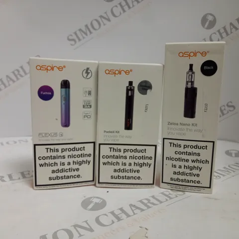 APPROXIMATELY 20 ASSORTED BOXED ASPIRE VAPING PRODUCTS TO INCLUDE FLEXUS Q KIT, POCKEX KIT, ZELOS NANO KIT ETC.