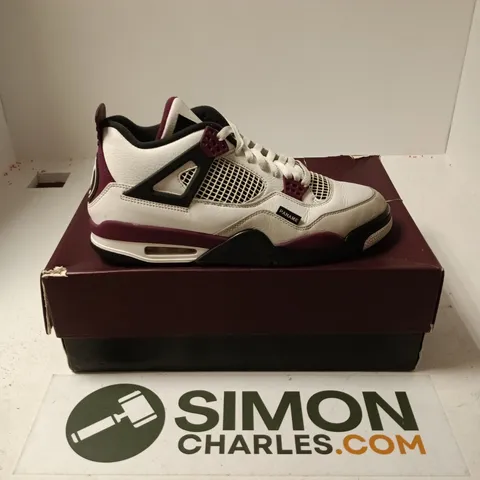 BOXED PAIR OF NIKE AIR JORDAN 4 RETRO PSG TRAINERS IN WHITE/PURPLE - UK 10.5