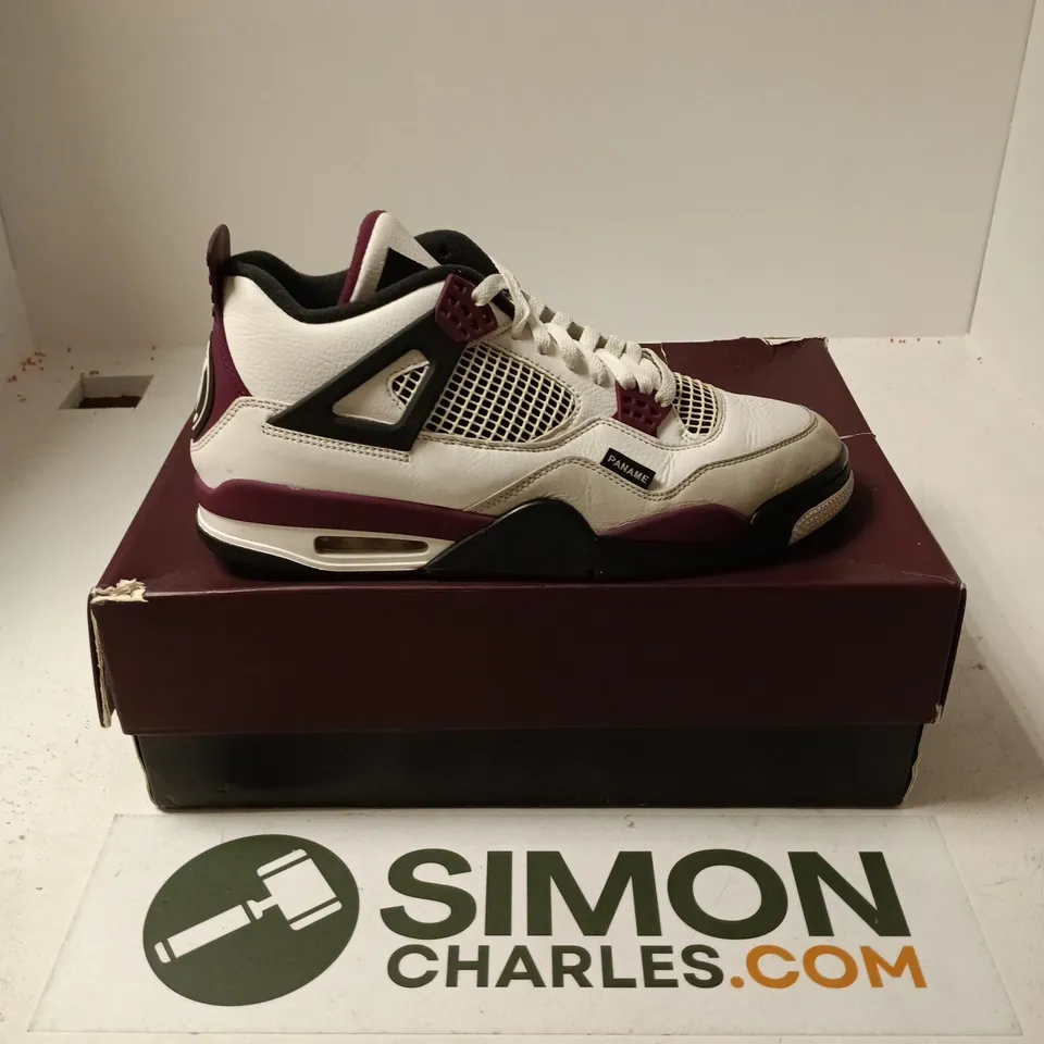 BOXED PAIR OF NIKE AIR JORDAN 4 RETRO PSG TRAINERS IN WHITE/PURPLE - UK 10.5