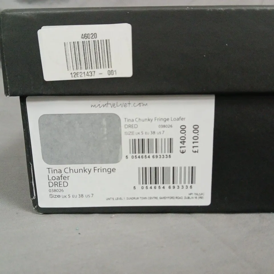 BOXED MINT VELVET TINA CHUNKY FRINGE LOAFER IN BURGUNDY LEATHER, UK 5 (EU 38)