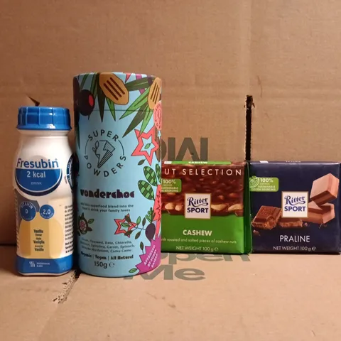 APPROXIMATELY 10 ASSORTED FOOD AND DRINK ITEMS TO INCLUDE RITTER SPORT, FRESUBIN, ETC
