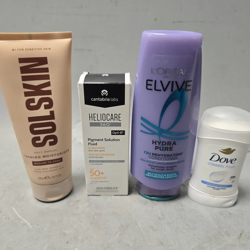 APPROXIMATELY 13 ASSORTED HEALTH & BEAUTY ITEMS TO INCLUDE - SOLSKIK TANNING MOISTURIZER , L'OREAL ELVIVE HYDRA PURE CONDITIONER ETC