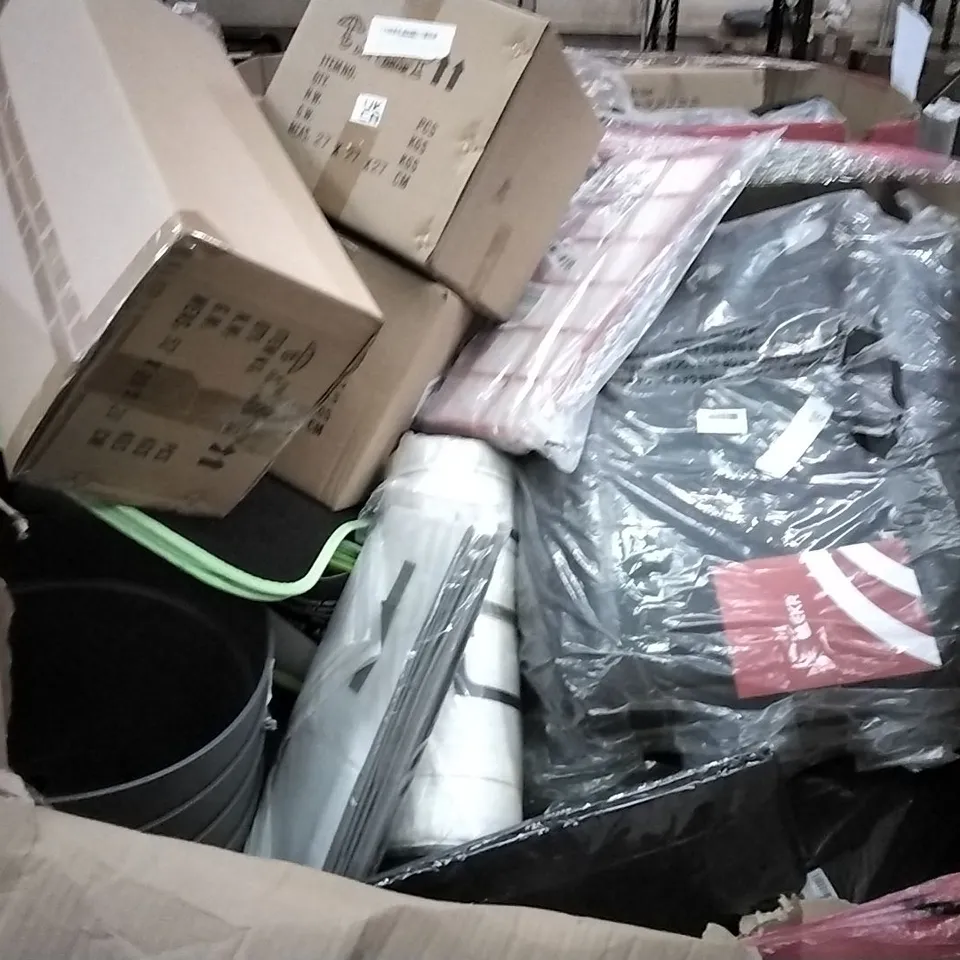 PALLET OF HOUSEHOLD ITEMS TO INCLUDE OUTSIDE LIGHTING, INFRERED DOUBLE COOKING PLATE, PLASTIC POT AND CAR COVE SEATS ECT 