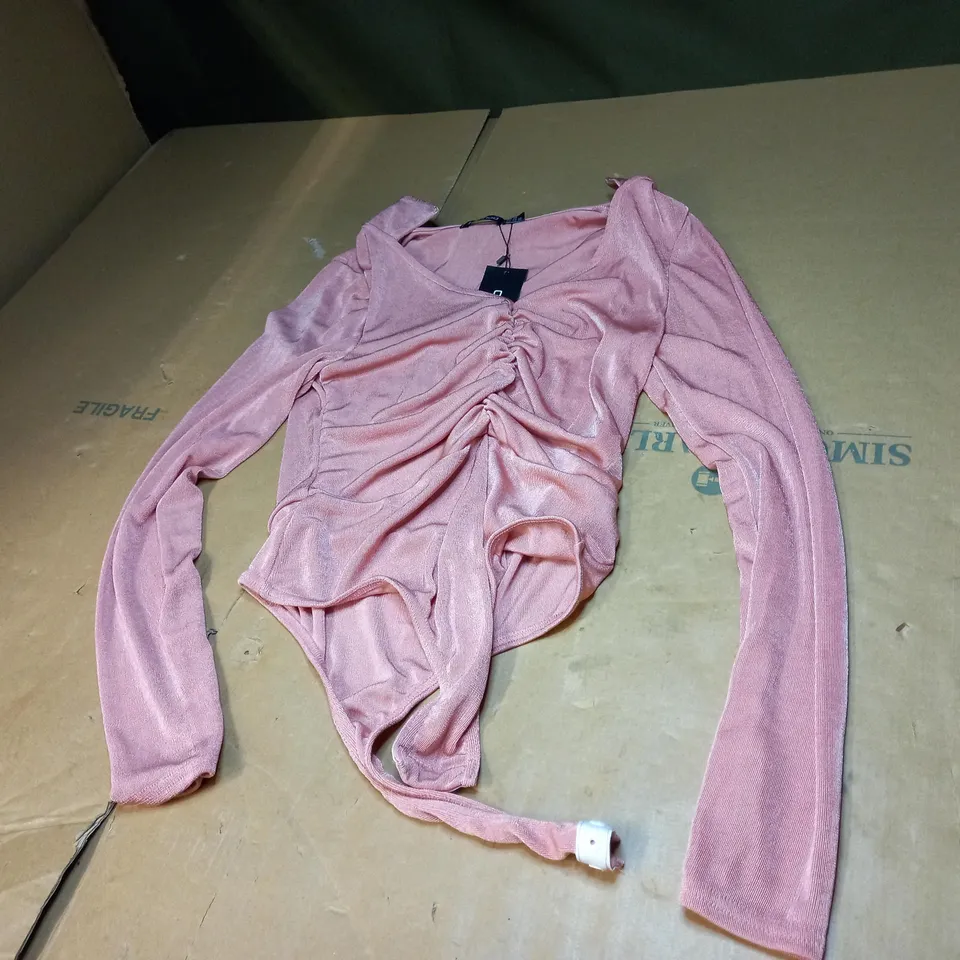 RUCHED FRONT COLLARED BODYSUIT IN PINK SIZE 14