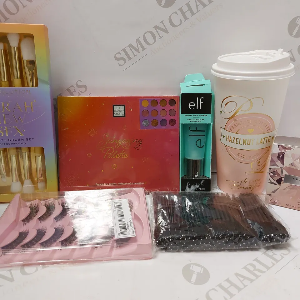 LOT OF APPROX 6 ASSORTED MAKEUP PRODUCTS TO INCLUDE E.L.F GRIP PRIMER, FRNTY BEAUTY DIAMOND BOMB, REVOLUTION SARAH SFX ARTIST BRUSH SET, ETC