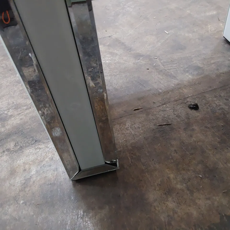 DESIGNER DRESSING TABLE STOOL MIRROR/WHITE GLASS GREY FABRIC UPHOLSTERED SEAT