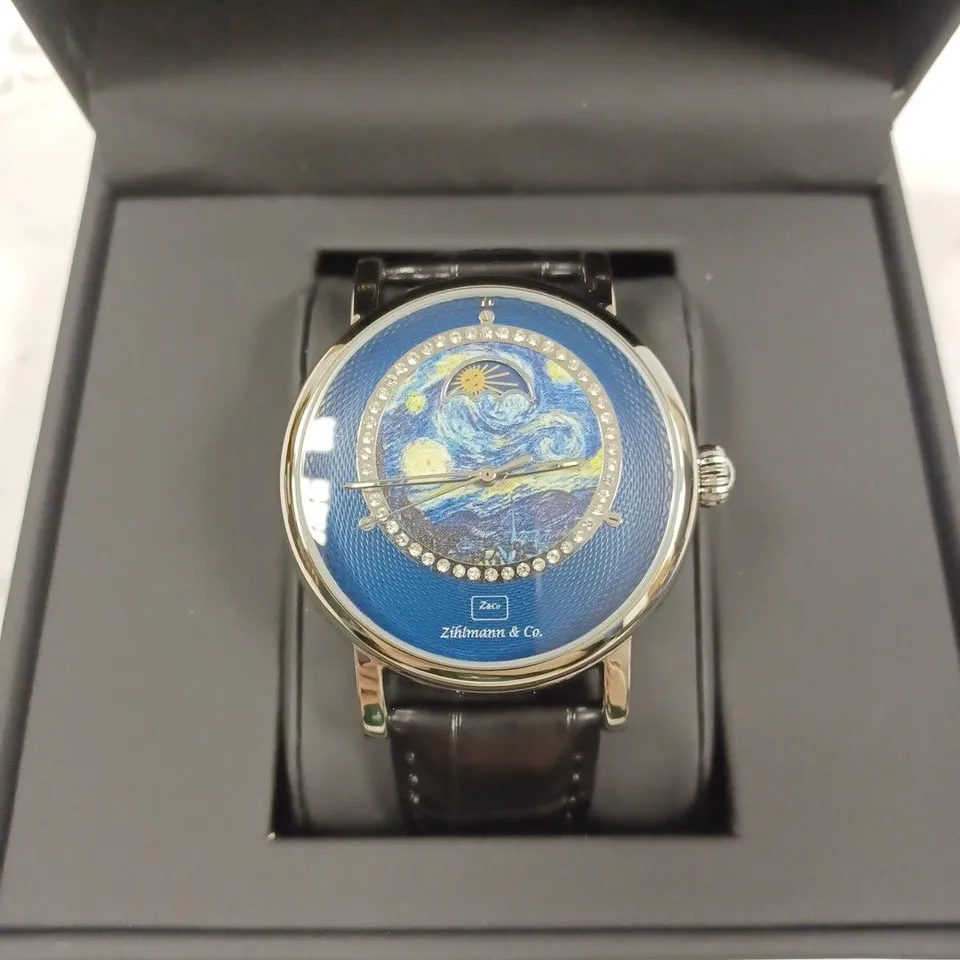 ZIHLMANN & CO BLUE PICASSO MOON FACE LEATHER STRAP WRISTWATCH
