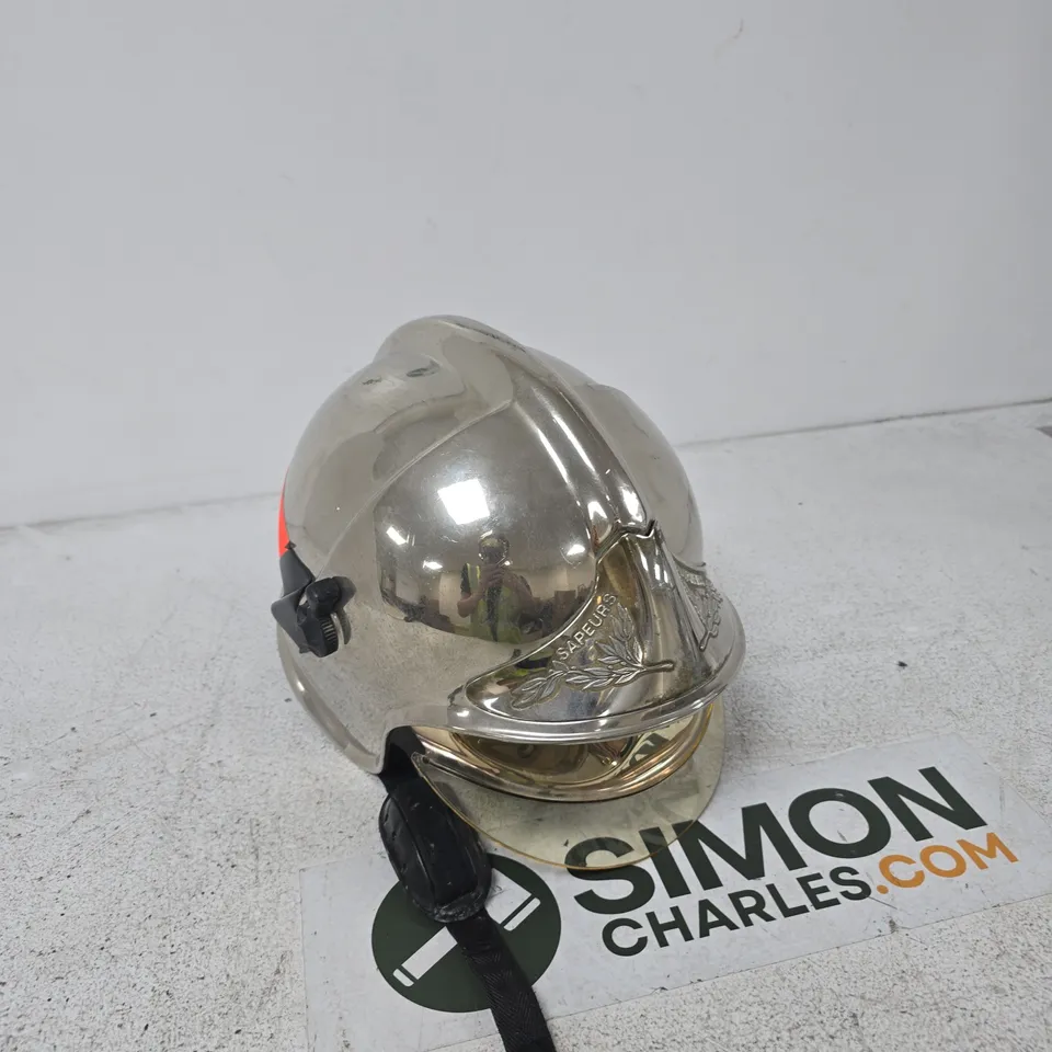 SAPEURS-POMPIERS FIREFIGHTER HELMET – SILVER METAL WITH LEATHER CHIN STRAP