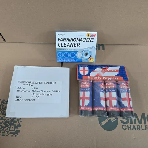 APPROXIMATELY 15 ASSORTED HOUSEHOLD PRODUCTS TO INCLUDE ENGLAND PARTY POPPERS, CHRISTMAS LED LIGHTS, WASHING MACHINE CLEANER