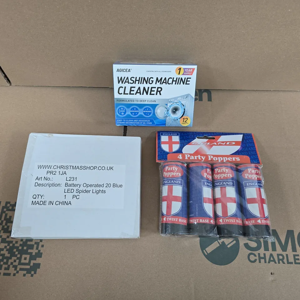 APPROXIMATELY 15 ASSORTED HOUSEHOLD PRODUCTS TO INCLUDE ENGLAND PARTY POPPERS, CHRISTMAS LED LIGHTS, WASHING MACHINE CLEANER