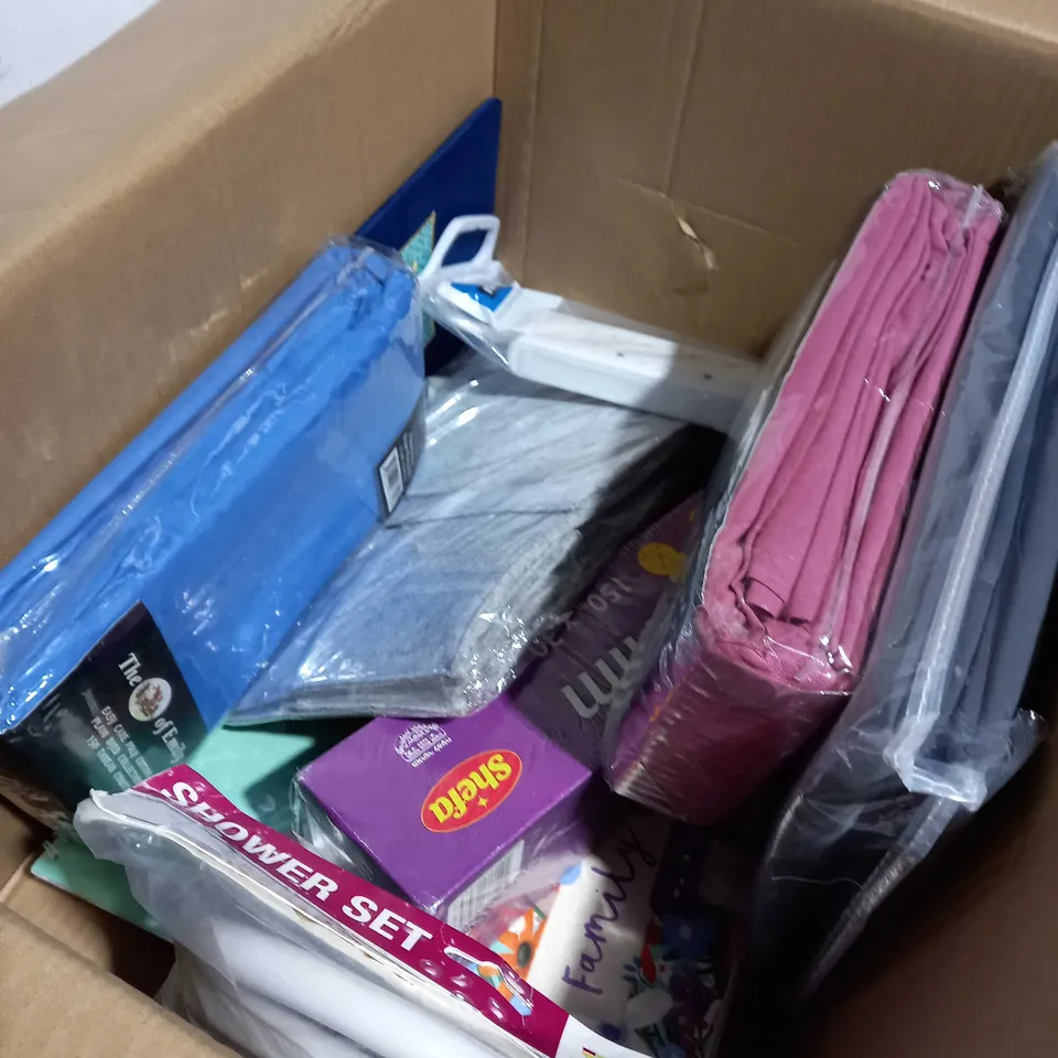 BOX OF APPROXIMATELY 10 ASSORTED ITEMS TO INCLUDE HUGS 2024 CALENDAR COTTON FITTED SHEETS, CLING FILM ETC