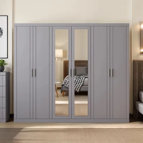 BOXED 6 DOOR WARDROBE WITH MIRROR - COOL GREY (3 BOXES)