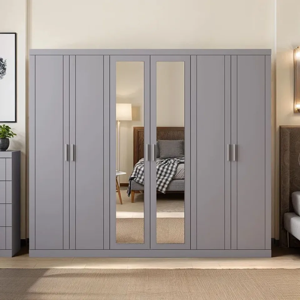 BOXED 6 DOOR WARDROBE WITH MIRROR - COOL GREY (3 BOXES)