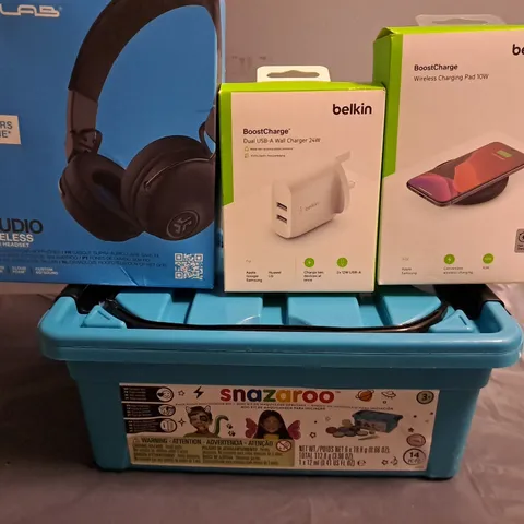 BOX OF APPROX 20 ASSORTED ITEMS TO INCLUDE - BELKIN WIRELESS CHARGING PAD , BELKIN WALL CHARGER , JLAB STUDIO HEADPHONES ETC