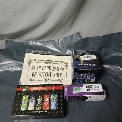 APPROXIMATELY 15 ASSORTED HOUSEHOLD ITEMS TO INCLUDE SMALL BAG, LED LIGHT, INFRARED THERMOMETER, GOALKEEPER GLOVE CARE GLOVE GLU ETC