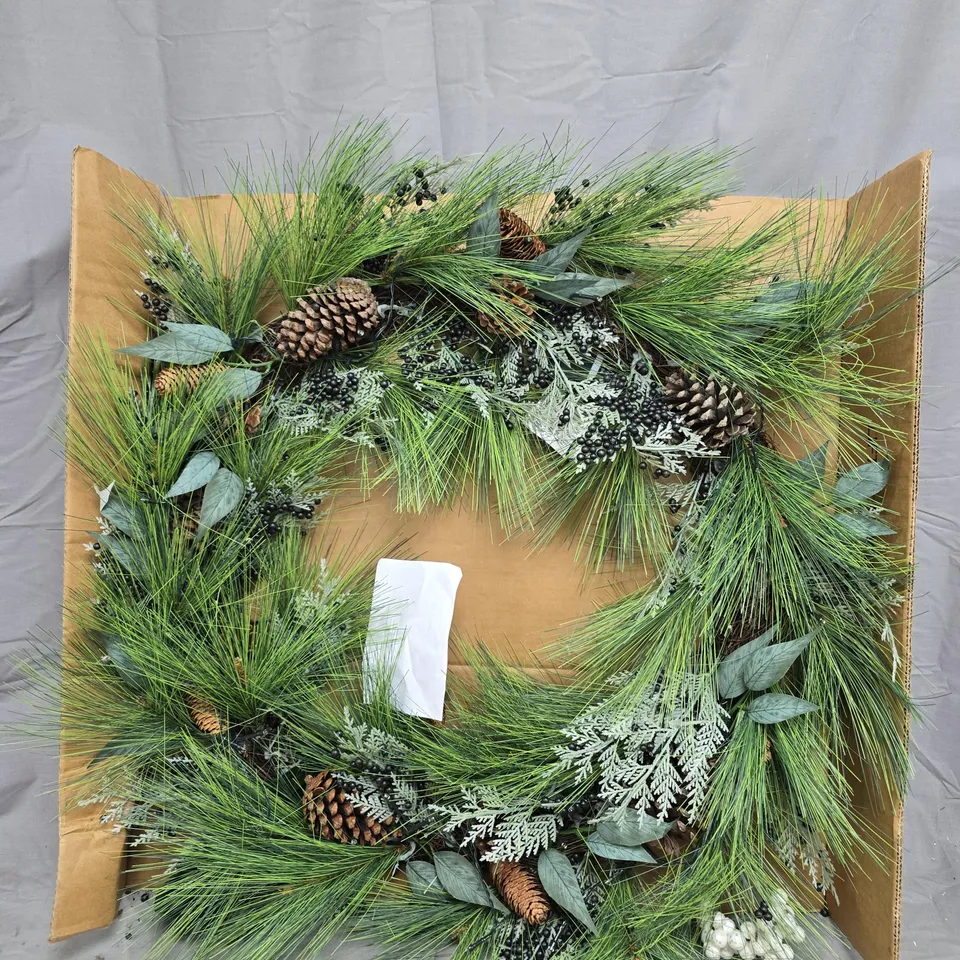BOXED PRE LIT CHRISTMAS WREATH WITH GREEN BERRIES AND PINECONES - 90 CM