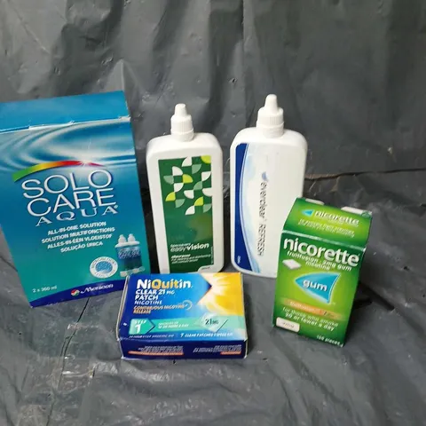 APPROXIMATELY 15 HEALTH AND BEAUTY PRODUCTS TO INCLUDE NICORETTE GUM, NIQUITIN PATCHES AND CONTACT LENS CLEANING SOLUTION