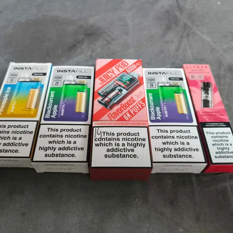 APPROXIMATELY 15 ASSORTED E-CIGARETTE AND VAPE PRODUCTS TO INCLUDE INSTAFILL, JUICY POD, ELFBAR ETC 