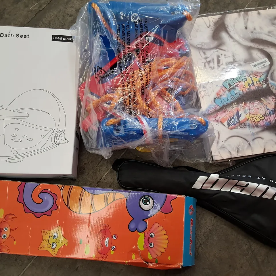 PALLET OF ASSORTED HOUSEHOLD ITEMS TO INCLUDE K8DS SWING SEAT, BABY BATH SEAT, SPORTS RACKET AND GRAFFITI WALL ART