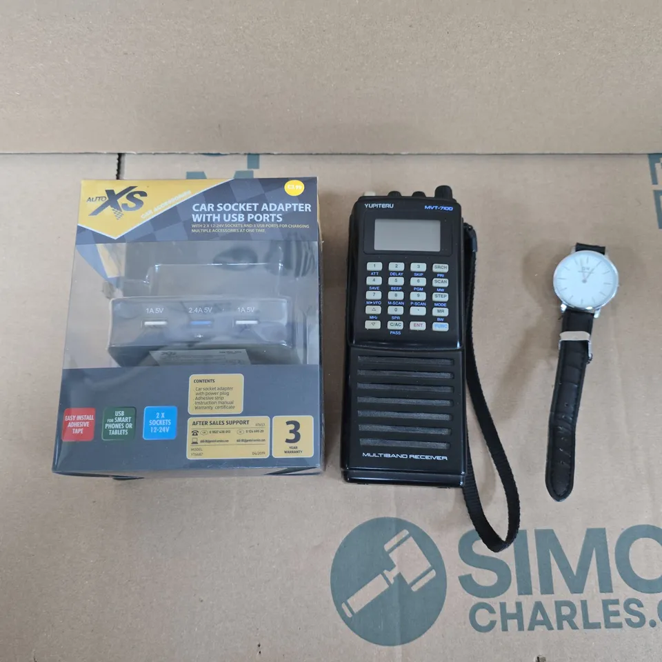 LARGE QUANTITY OF ASSORTED ITEMS TO INCLUDE DANIEL WELLINGTON WATCH, CAR SOCKET ADAPTER, MULTIBAND RECEIVER, ETC - COLLECTION ONLY