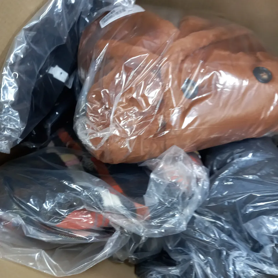 BOX OF APPROXIMATELY 10 CLOTHING ITEMS TO INCLUDE HAND BAG, JACKET, TOP ETC